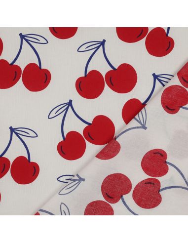 Tissu coton déperlant grosses cerises - Blanc cassé