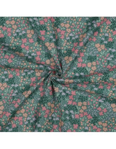 Tissu coton déperlant petites fleurs - Fond vert