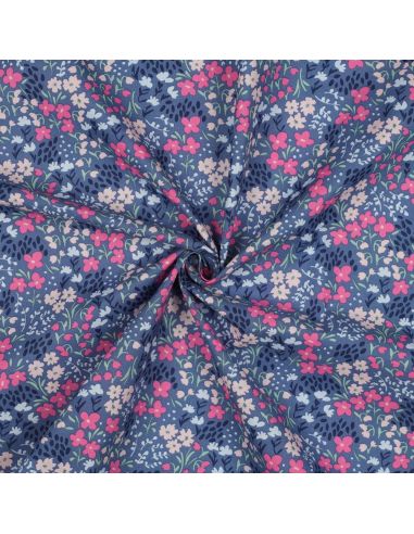 Tissu coton déperlant petites fleurs - Fond bleu jeans
