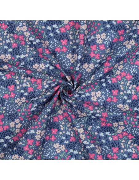 Tissu coton déperlant petites fleurs - Fond bleu jeans