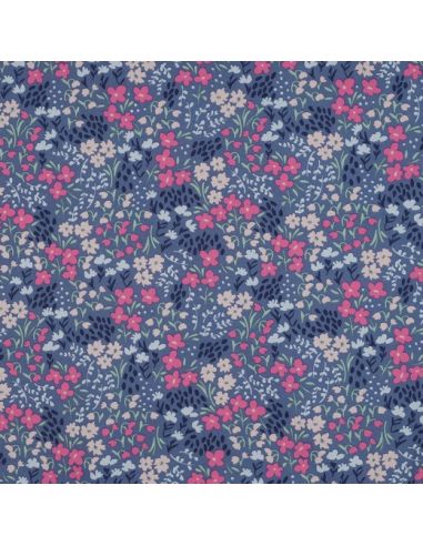 Tissu coton déperlant petites fleurs - Fond bleu jeans