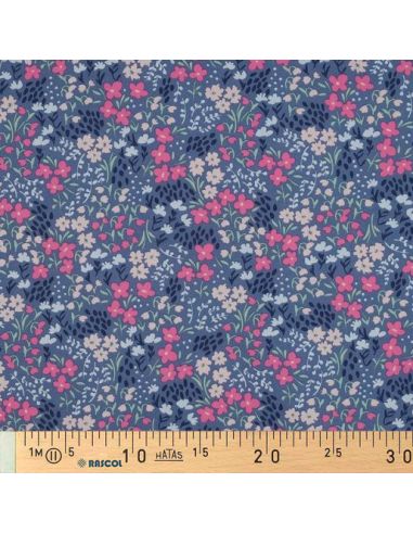 Tissu coton déperlant petites fleurs - Fond bleu jeans