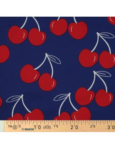 Tissu coton déperlant grosses cerises - Bleu