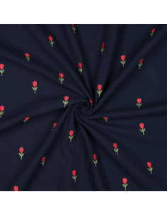 Tissu double gaze brodé tulipes - Navy