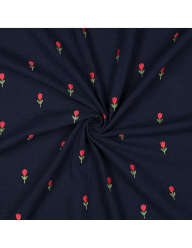 Tissu double gaze brodé tulipes - Navy