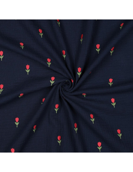 Tissu double gaze brodé tulipes - Navy