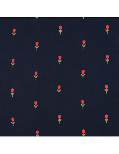 Tissu double gaze brodé tulipes - Navy