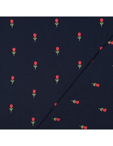 Tissu double gaze brodé tulipes - Navy