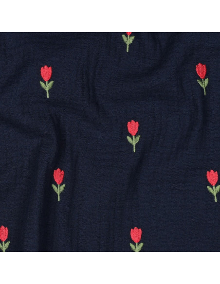 Tissu double gaze brodé tulipes - Navy