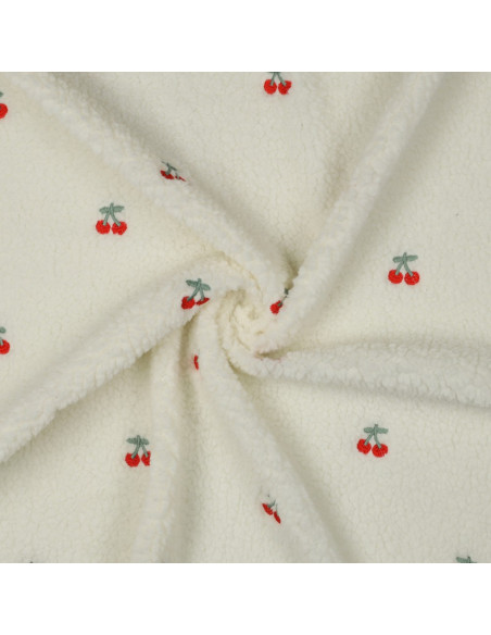 Tissu fourrure Teddy brodé cerises - Écru