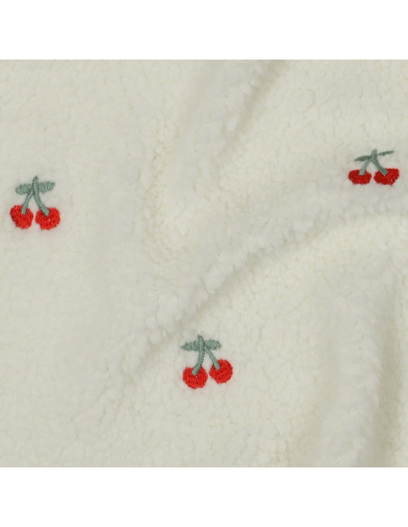 Tissu fourrure Teddy brodé cerises - Écru