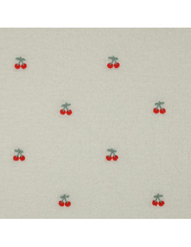 Tissu fourrure Teddy brodé cerises - Écru