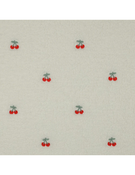 Tissu fourrure Teddy brodé cerises - Écru