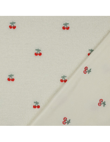Tissu fourrure Teddy brodé cerises - Écru