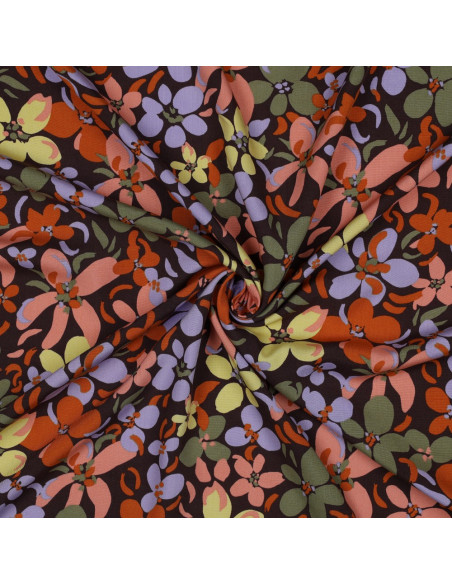Tissu viscose fleurs éclatantes - Marron foncé