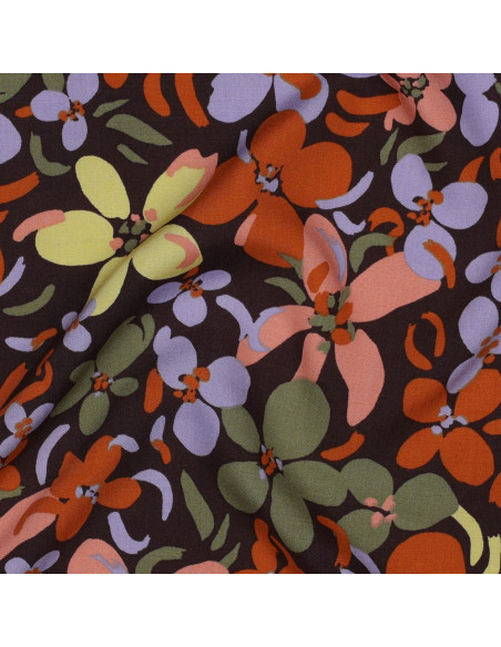 Tissu viscose fleurs éclatantes - Marron foncé