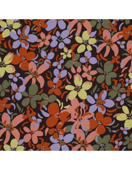 Tissu viscose fleurs éclatantes - Marron foncé