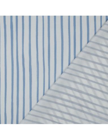 Tissu popeline de coton rayures - Bleu clair sur fond blanc