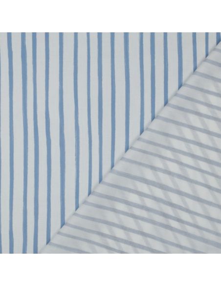 Tissu popeline de coton rayures - Bleu clair sur fond blanc