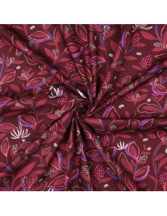Tissu popeline de coton fleurs et feuilles - Bordeaux