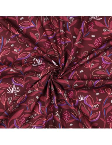 Tissu popeline de coton fleurs et feuilles - Bordeaux