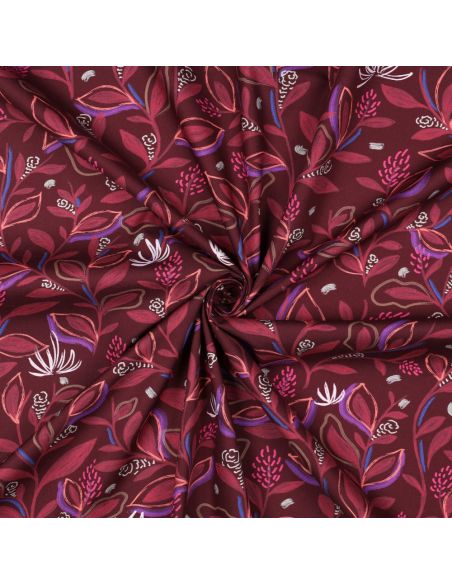 Tissu popeline de coton fleurs et feuilles - Bordeaux