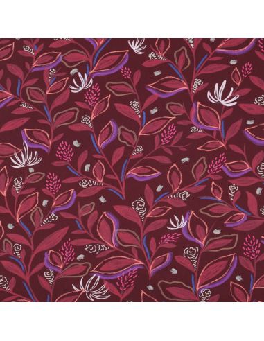 Tissu popeline de coton fleurs et feuilles - Bordeaux