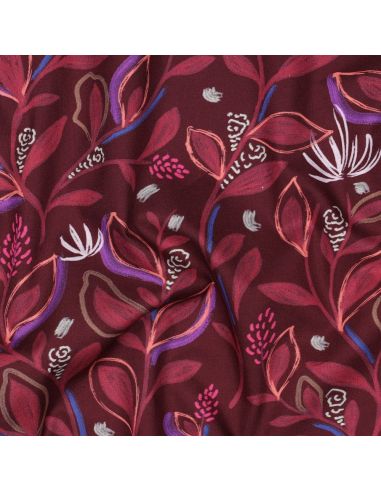 Tissu popeline de coton fleurs et feuilles - Bordeaux