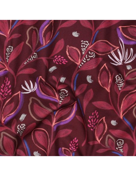 Tissu popeline de coton fleurs et feuilles - Bordeaux
