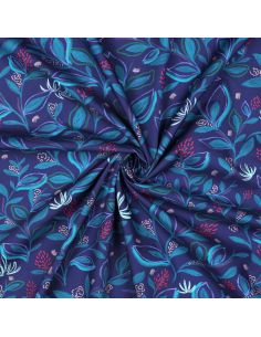 Tissu popeline de coton fleurs et feuilles - Bleu