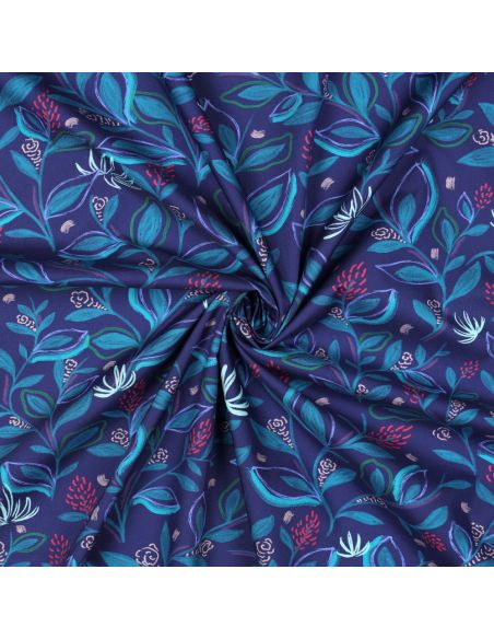 Tissu popeline de coton fleurs et feuilles - Bleu