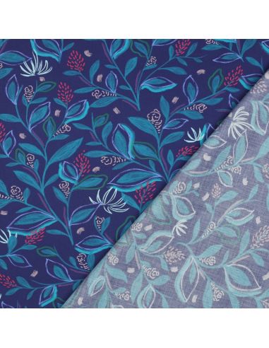 Tissu popeline de coton fleurs et feuilles - Bleu