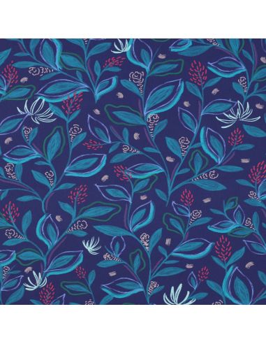 Tissu popeline de coton fleurs et feuilles - Bleu