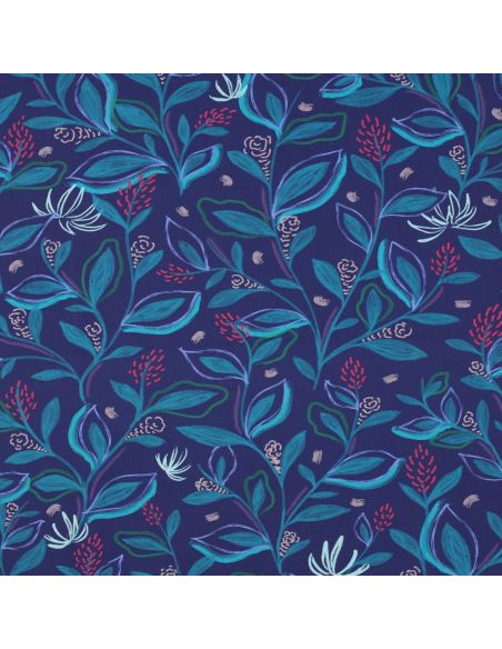 Tissu popeline de coton fleurs et feuilles - Bleu