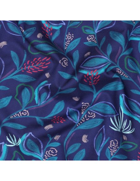 Tissu popeline de coton fleurs et feuilles - Bleu