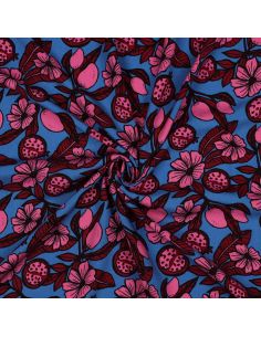 Tissu viscose - Fleurs rose fond bleu