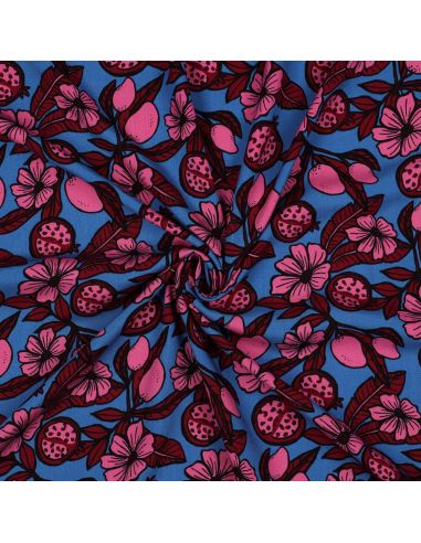 Tissu viscose - Fleurs rose fond bleu