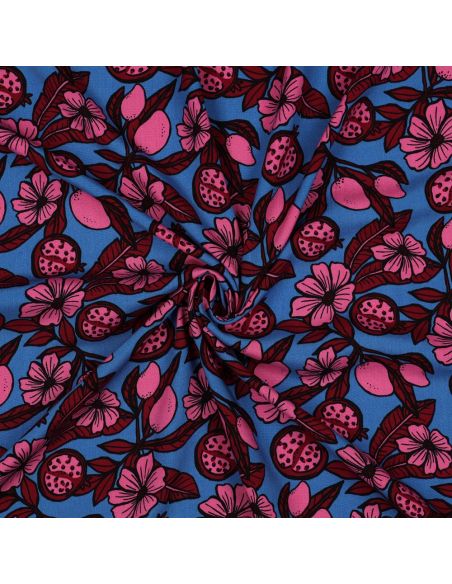 Tissu viscose - Fleurs rose fond bleu