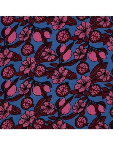 Tissu viscose - Fleurs rose fond bleu
