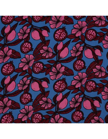 Tissu viscose - Fleurs rose fond bleu