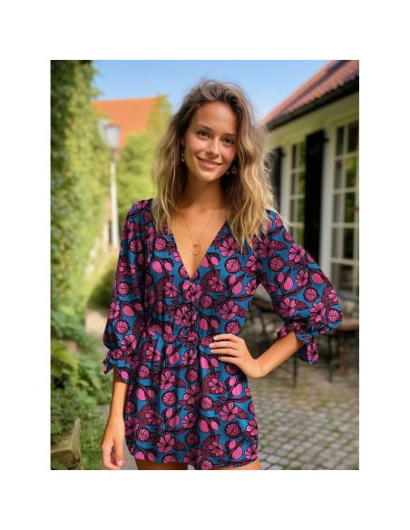 Tissu viscose - Fleurs rose fond bleu