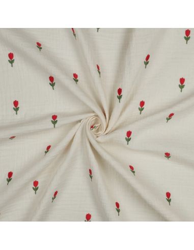 Tissu double gaze brodé fleurs - Naturel