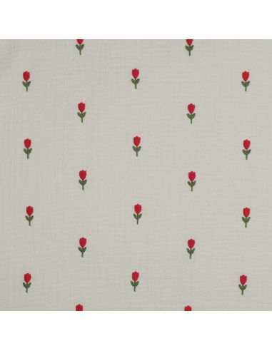 Tissu double gaze brodé fleurs - Naturel