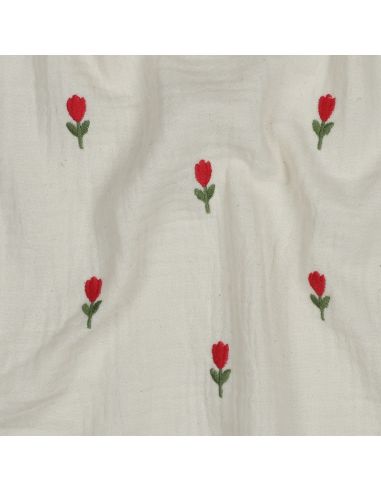 Tissu double gaze brodé fleurs - Naturel