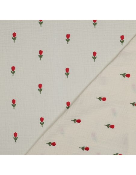 Tissu double gaze brodé fleurs - Naturel