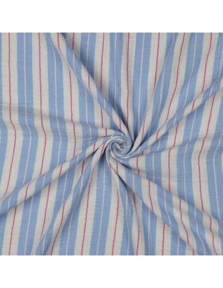 Tissu double gaze imprimé rayures - Bleu