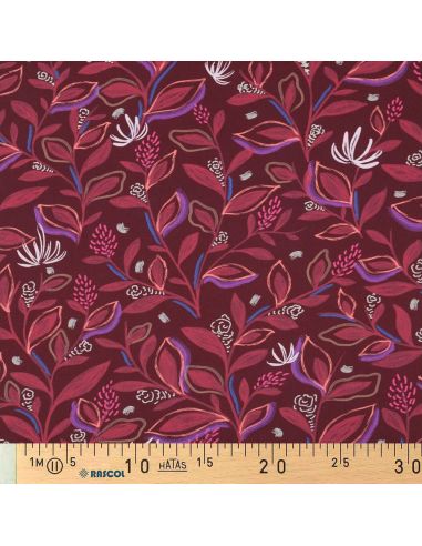 Tissu popeline de coton fleurs et feuilles - Bordeaux