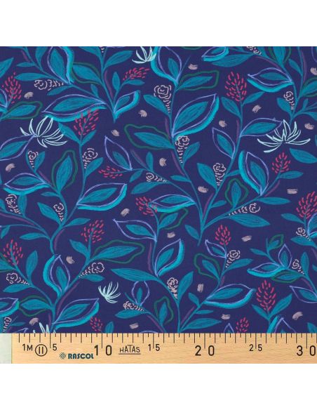 Tissu popeline de coton fleurs et feuilles - Bleu