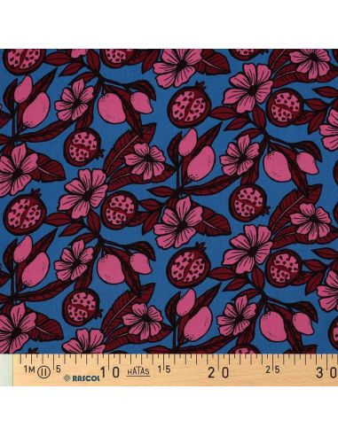 Tissu viscose - Fleurs rose fond bleu