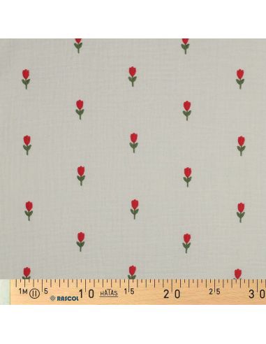 Tissu double gaze brodé tulipes - Naturel